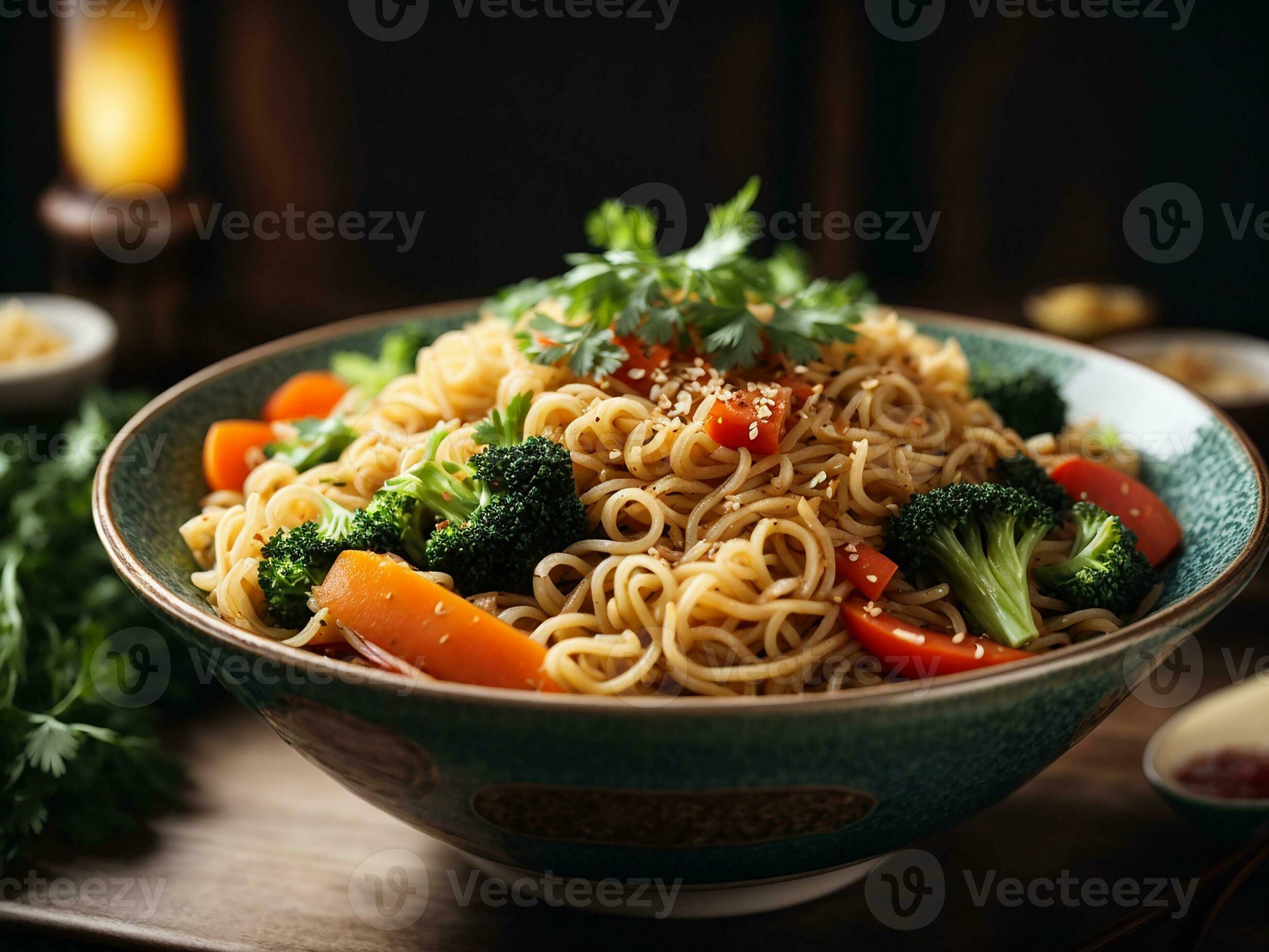 AI generated Asian vegetarian food udon noodles with baby bok choy