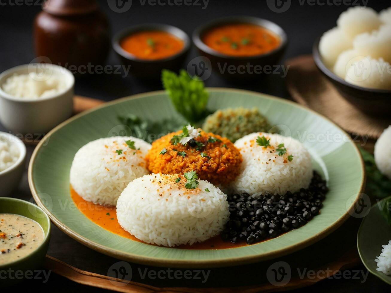 AI generated Idly sambar or Idli with Sambhar and green, red chutney. Popular South indian breakfast photo