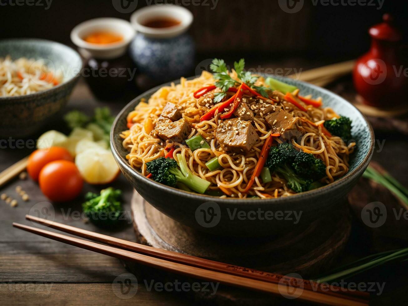 AI generated Asian vegetarian food udon noodles with baby bok choy