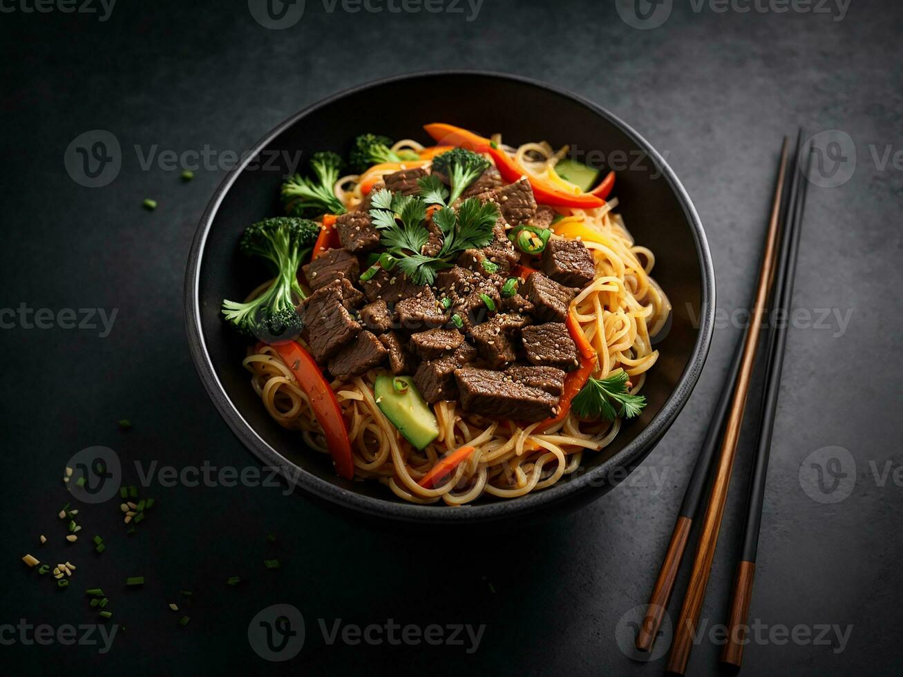 AI generated Asian vegetarian food udon noodles with baby bok choy