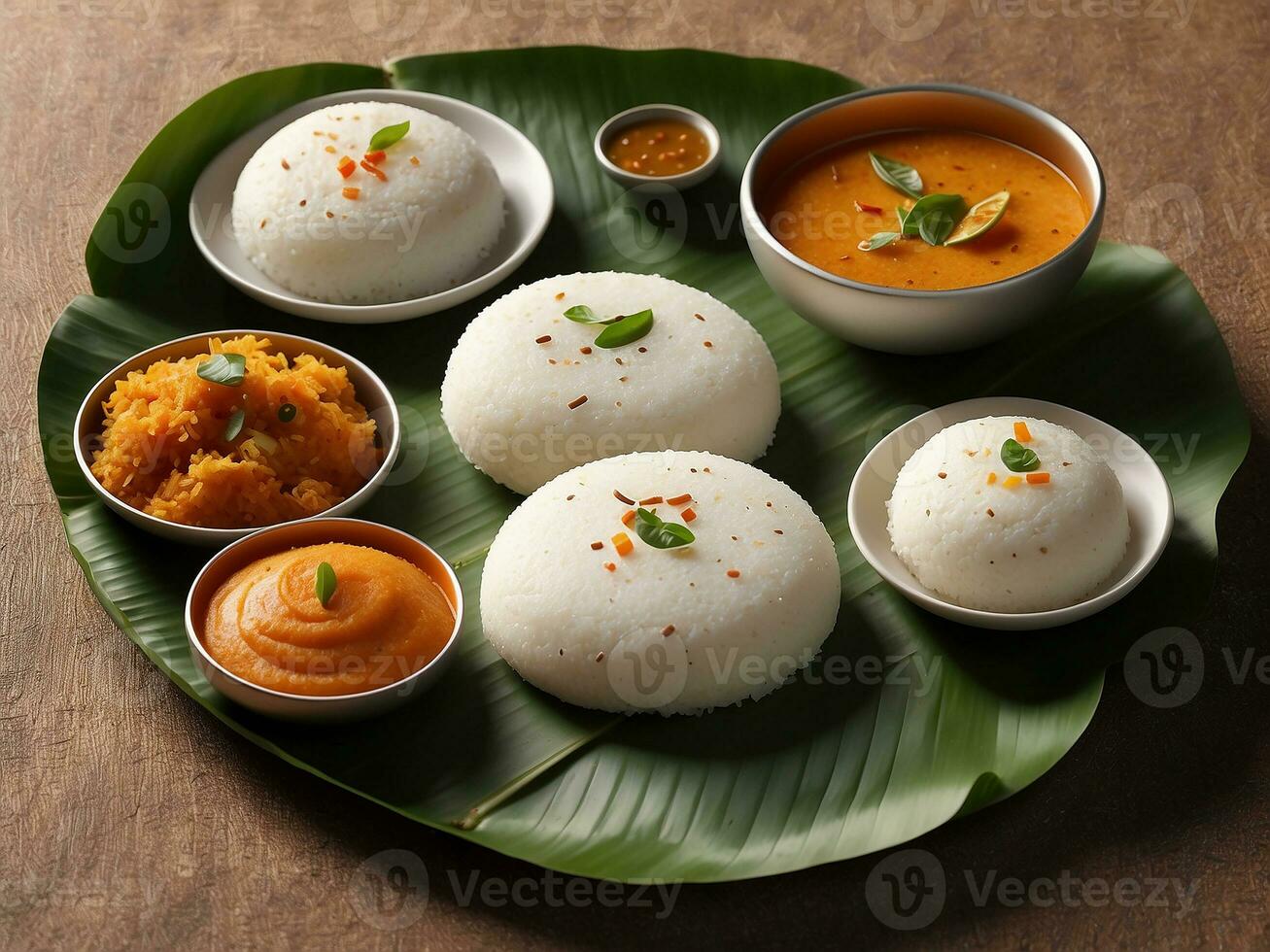 AI generated South Indian Food idli sambar with coconut chutney photo