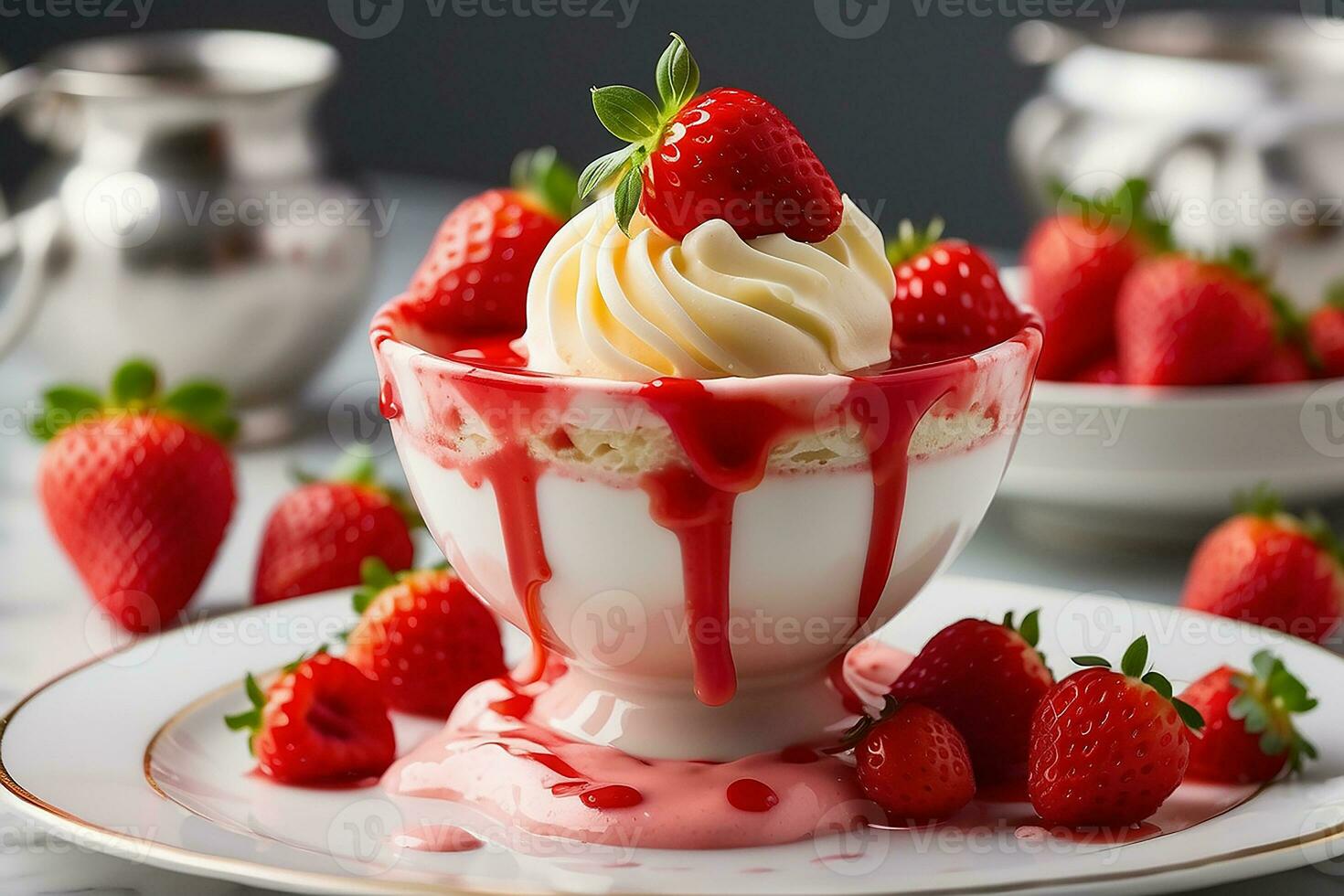 AI generated A whimsical plate of Spaghettieis, a German dessert that playfully mimics a pasta dish with ice cream, strawberry sauce, and white chocolate photo