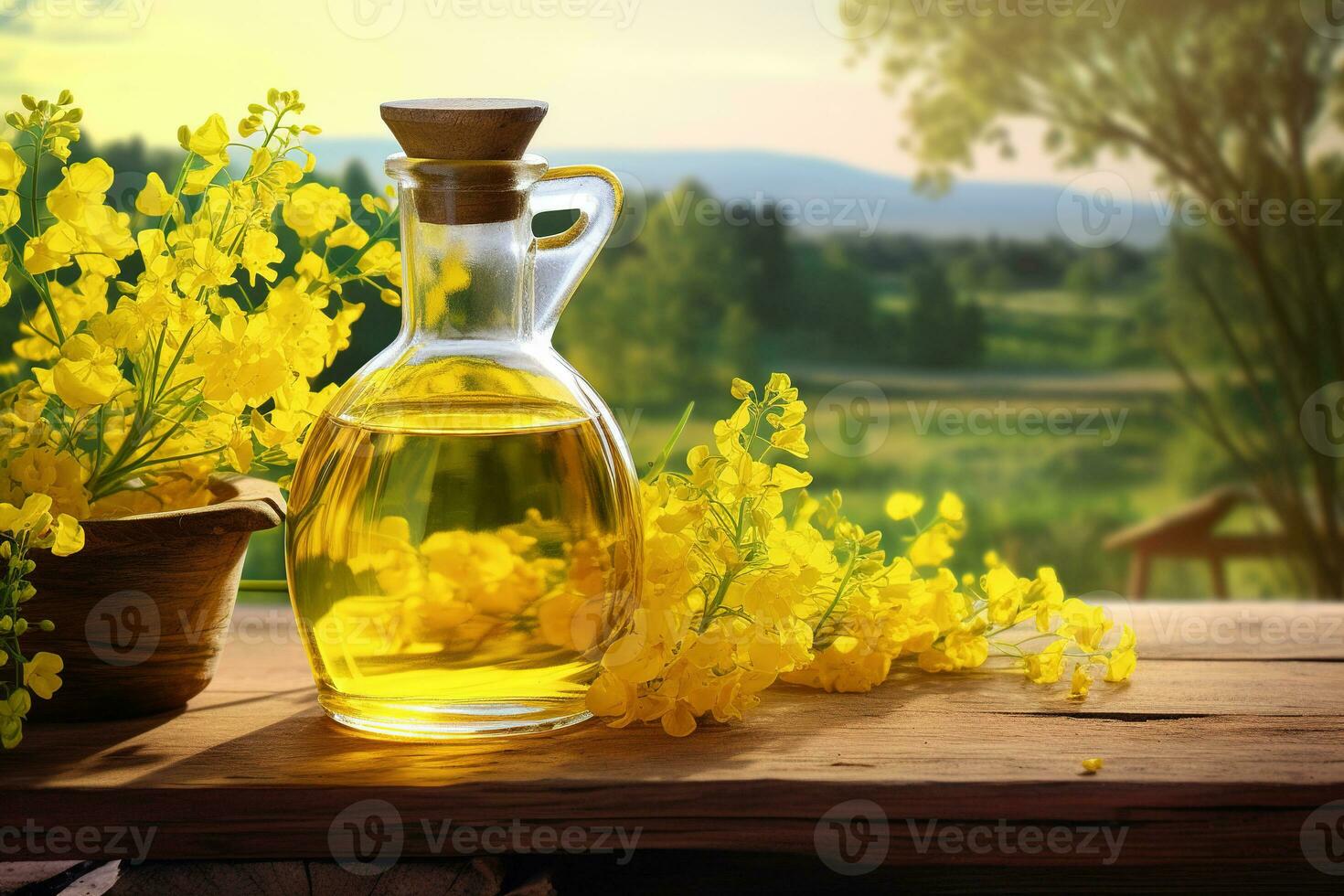 Rapeseed oil in a glass bottle. Composition with yellow canola flowers against a natural background. AI generated. photo