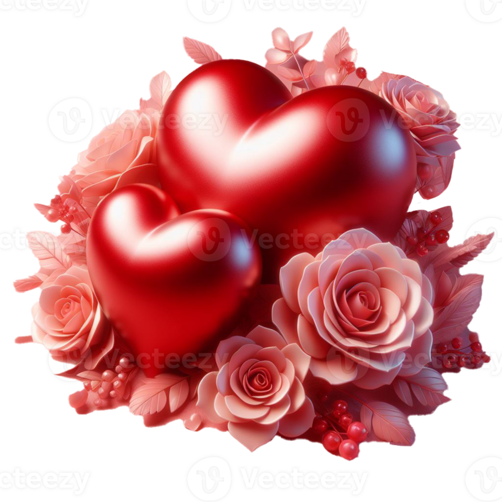 AI generated two big red shiny heart. Bright beautiful 3D heart shape on romantic Valentines Day on on png transparency