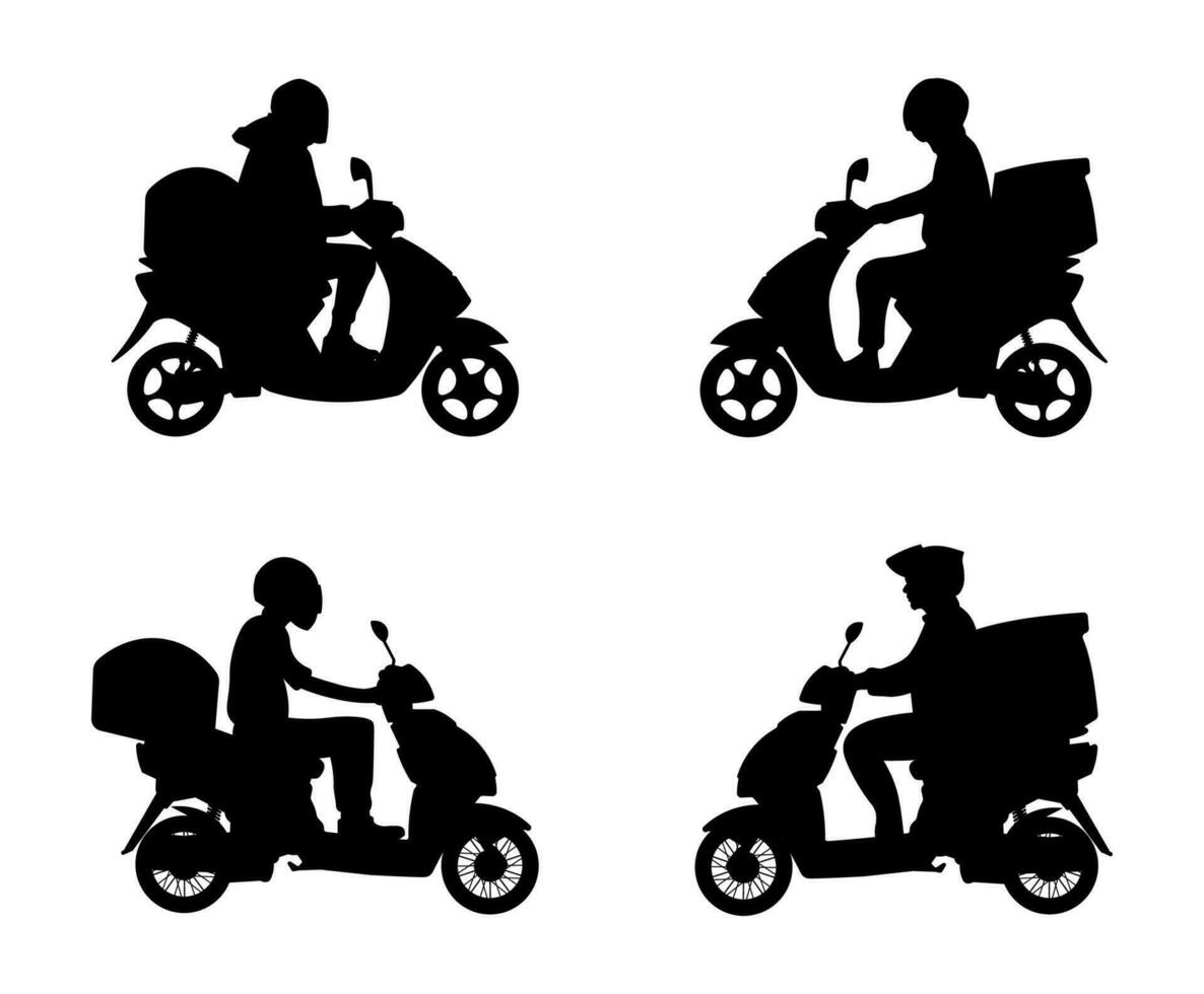 A collection of silhouette illustrations of automatic motorbike pizza delivery people, couriers and postmen vector