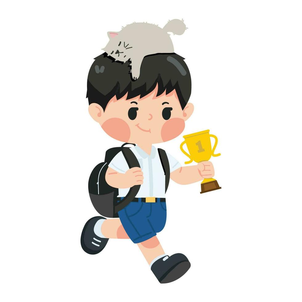 Kid boy student with trophy education concept vector