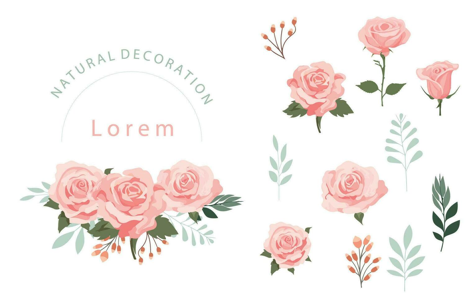 pink rose object element set with leaf.illustration vector for postcard,sticker