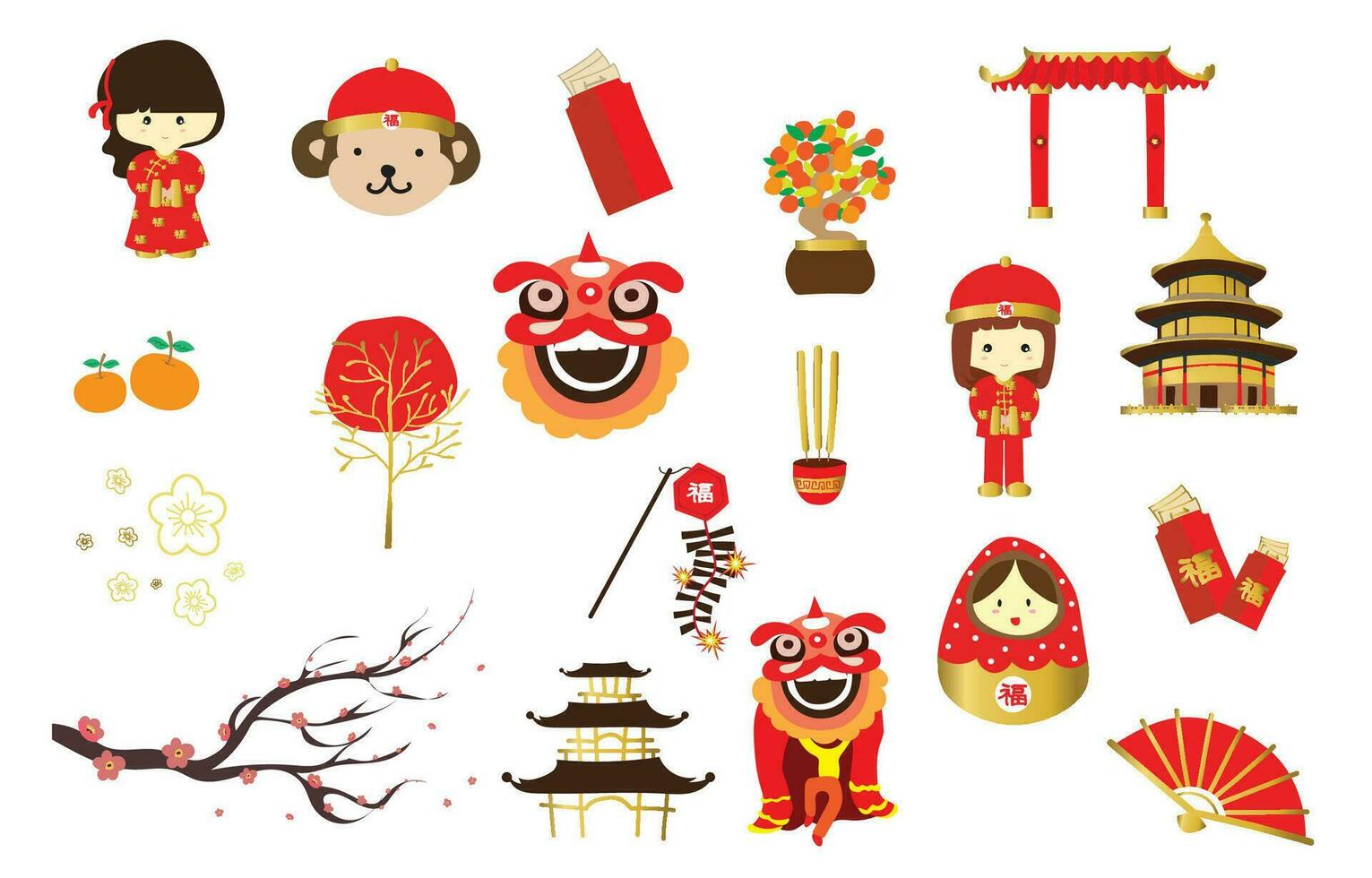 Chinese object element set with lion,girl,temple.Vector illustration for postcard,banner vector