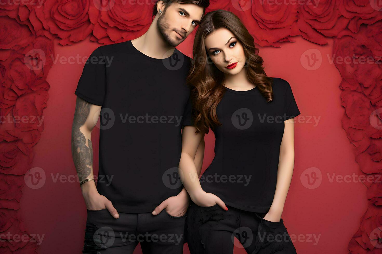 AI generated Man and Women wearing blank Black T-shirt, Valentine Couple Black shirt mockup photo