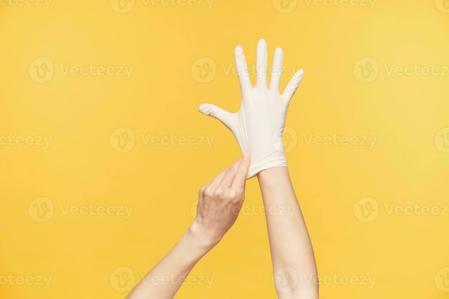 Studio photo of young raised woman's hands posing over orange background, keeping all fingers separately while putting on white rubber glove with other hand