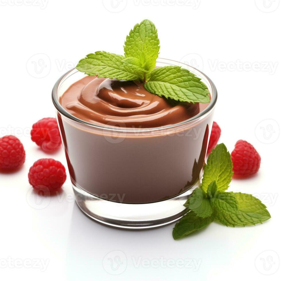 AI generated Glossy Chocolate Pudding with Raspberries photo