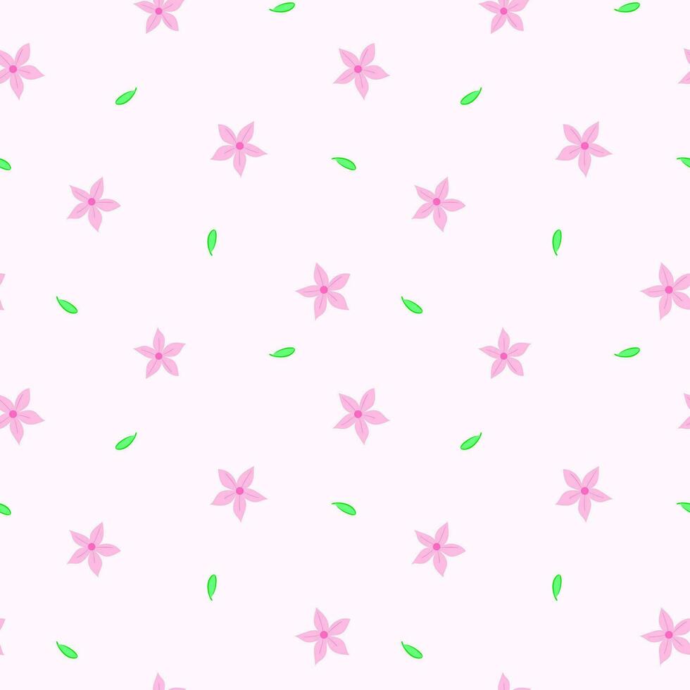 Seamless pattern with cute pink flower with five petals and small green leaves. Vector design for printing, wrapping paper, gift, or textile.