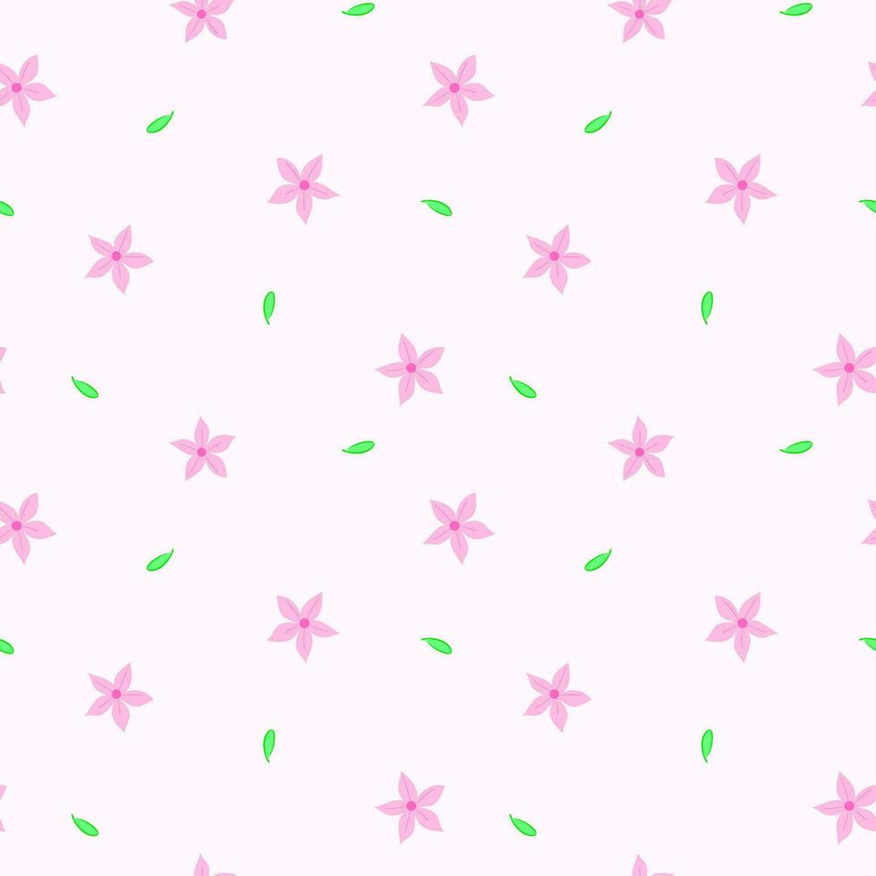 Seamless pattern with cute pink flower with five petals and small green leaves. Vector design for printing, wrapping paper, gift, or textile.