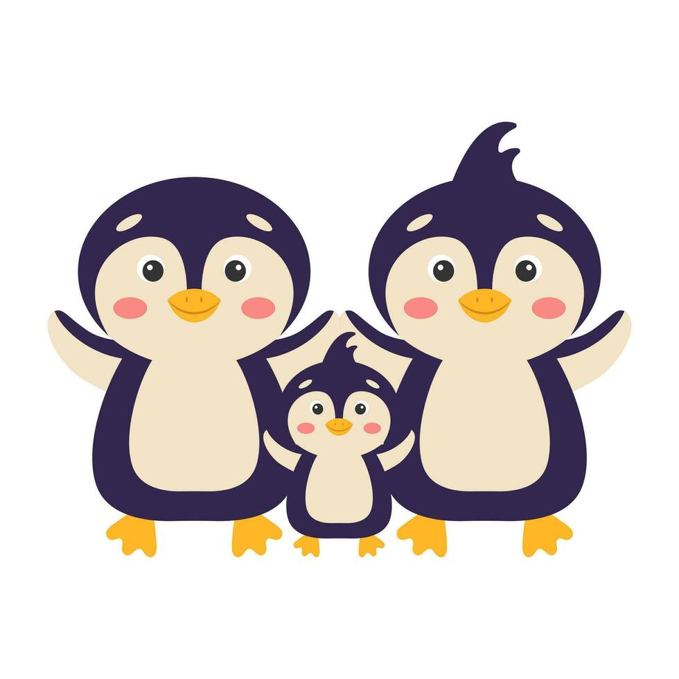 A family of penguins. Cute cartoon penguins mom dad and baby. Vector illustration.