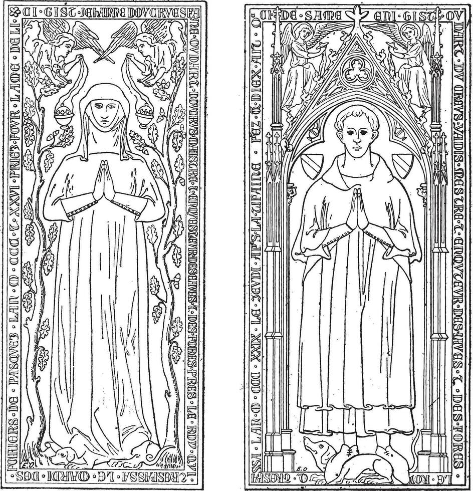 Tombstones, currently in the chancel of church of Saint-gervals, vintage engraving. vector