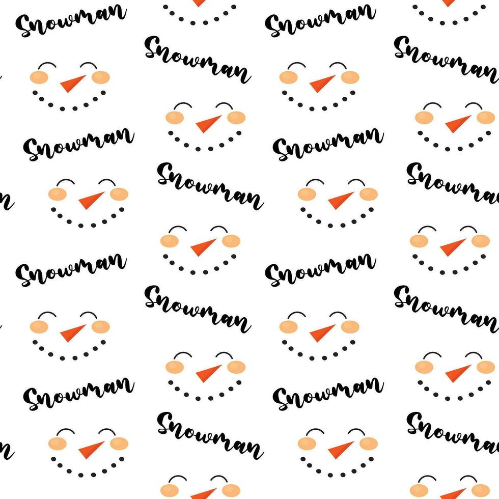 Seamless pattern illustration of a snowman face and lettering. Red carrot nose and smile. vector