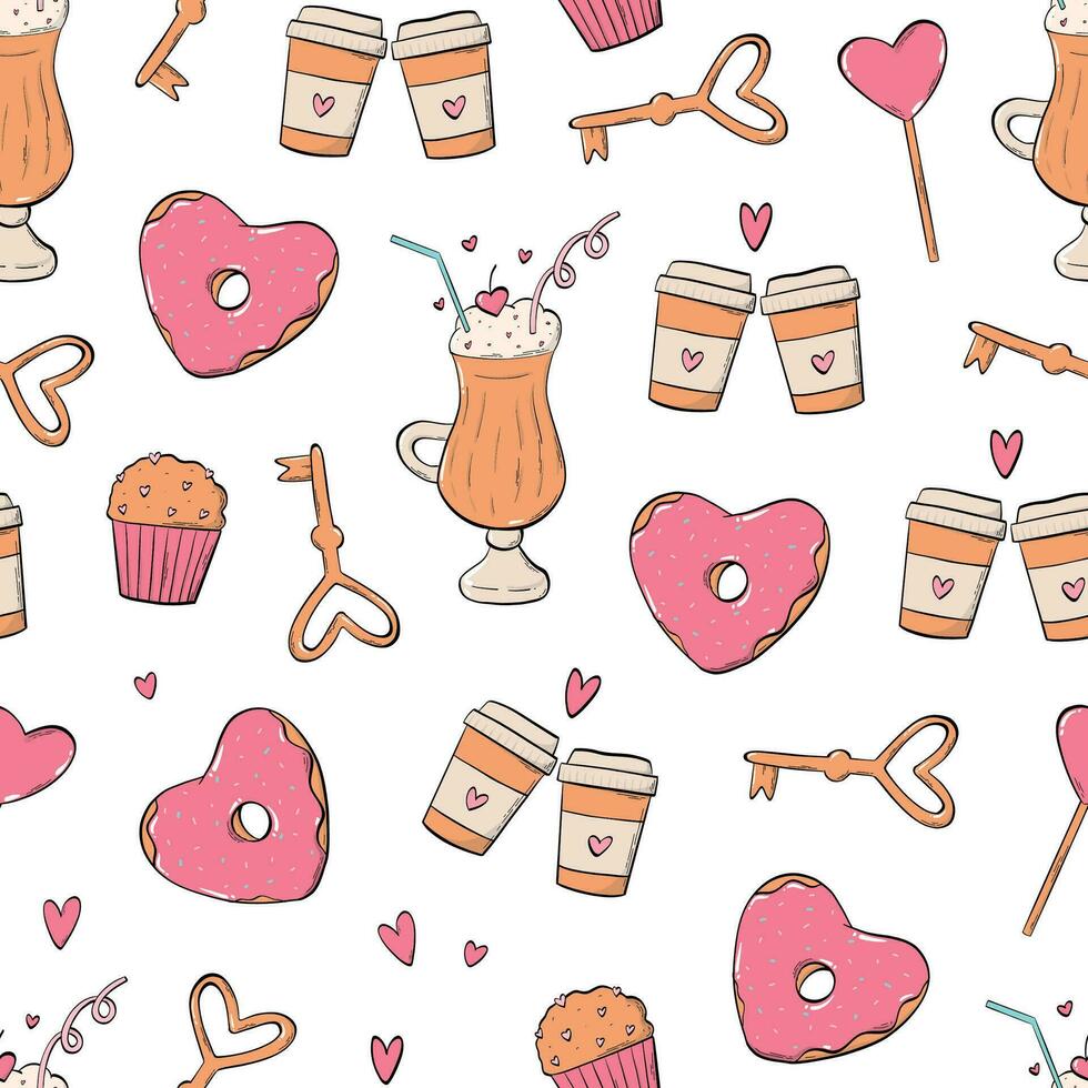 San Valentín día sin costura modelo con garabatos de café, rosquillas y magdalenas para textil huellas dactilares, fondo de pantalla, antecedentes, álbum de recortes, envase papel, etc. eps 10 vector