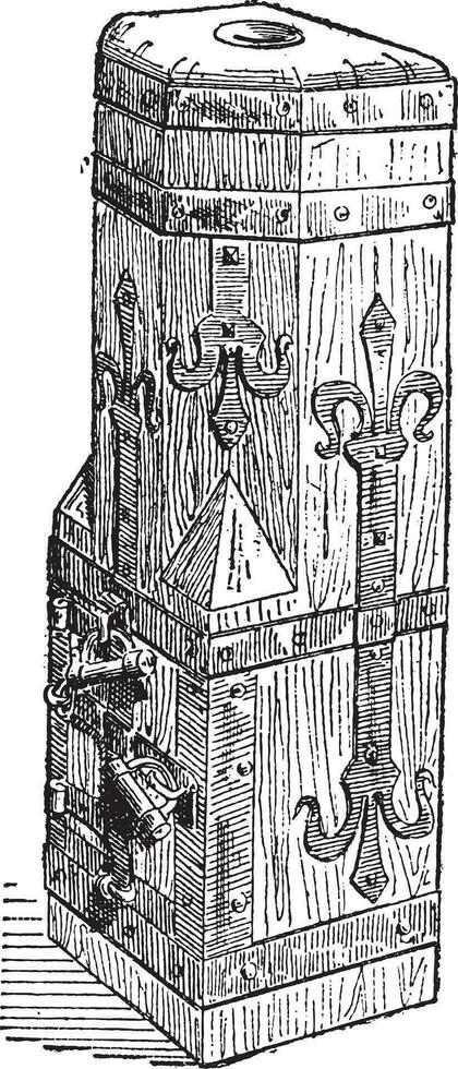 14th Century Wooden Chest found at the Cathedral of Freiburg in Germany, vintage engraving vector