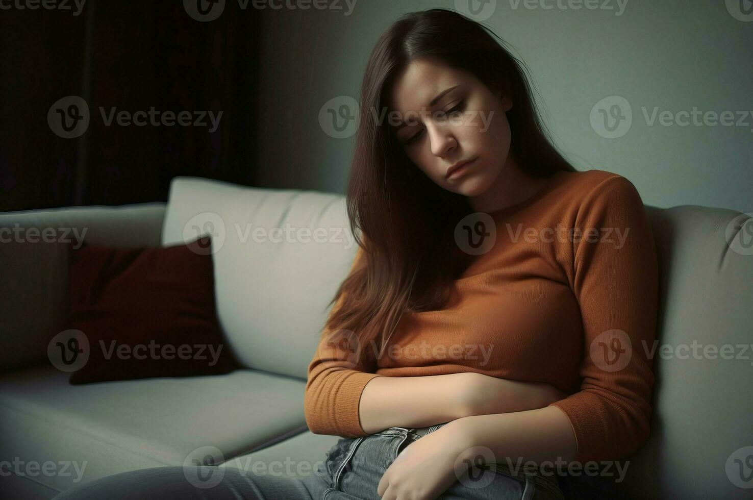 AI generated Sad woman pain menstruation. Generate AI photo