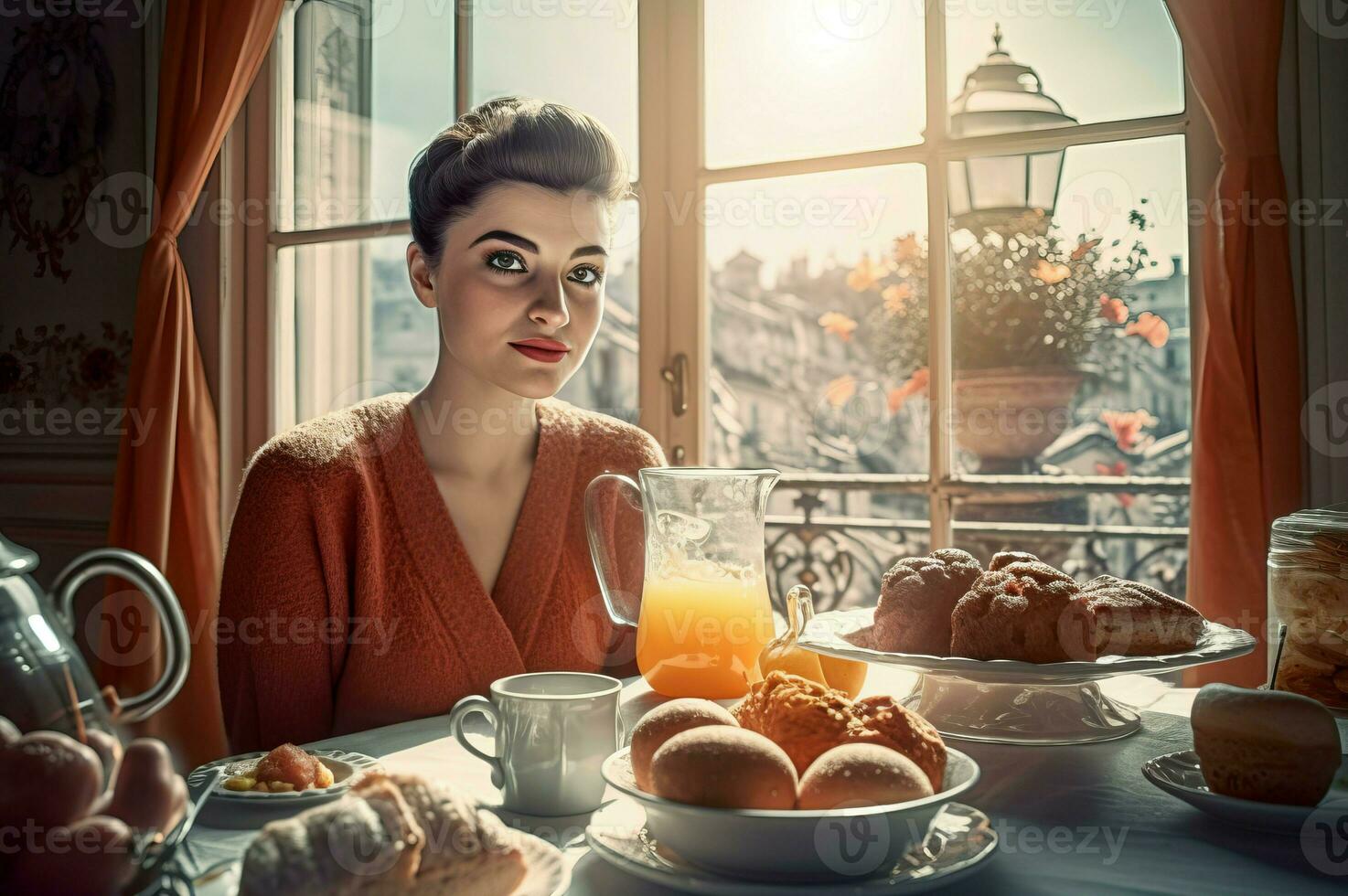 AI generated Retro woman having breakfast in sunny morning. Generate Ai photo