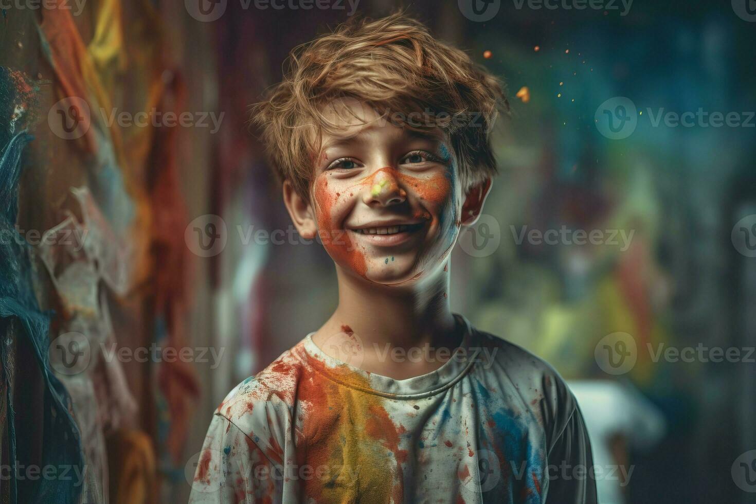 ai generado sonriente chico pintar retrato vistoso. generar ai foto