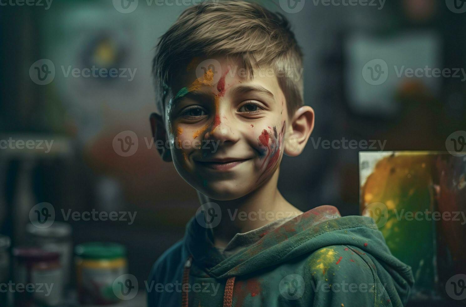 AI generated Smiling boy paint portrait cute creative. Generate Ai photo