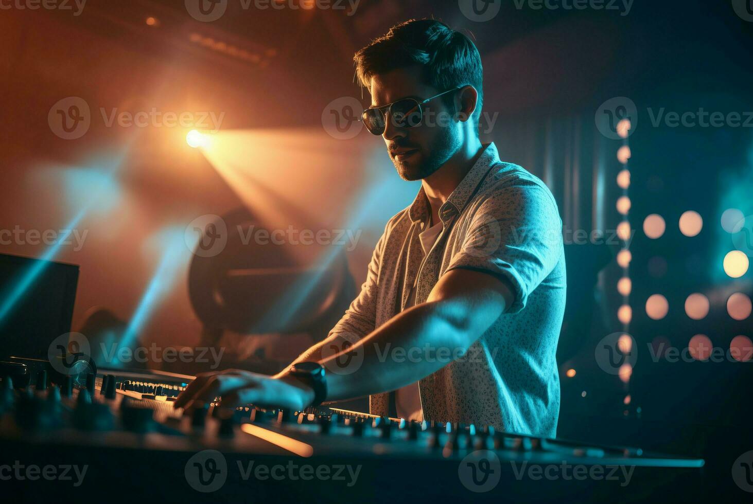 AI generated Night club DJ action with sunglasses. Generate Ai photo