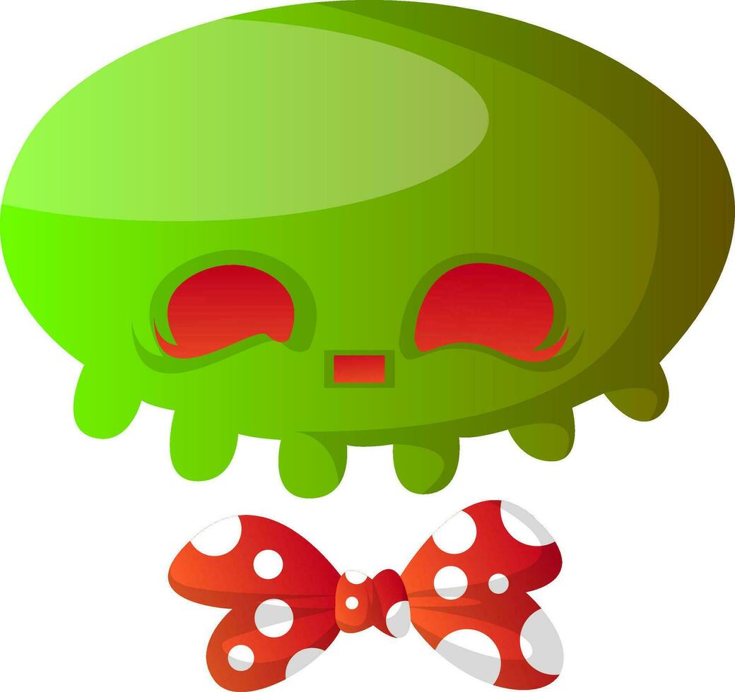Green cartoon skull with red bowtie vector illustartion on white background