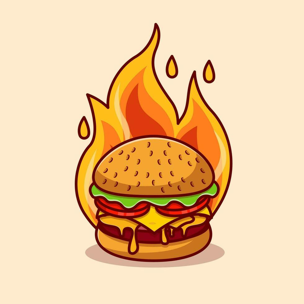 Burger cheese with fire cartoon vector icon illustration. food object icon concept isolated.