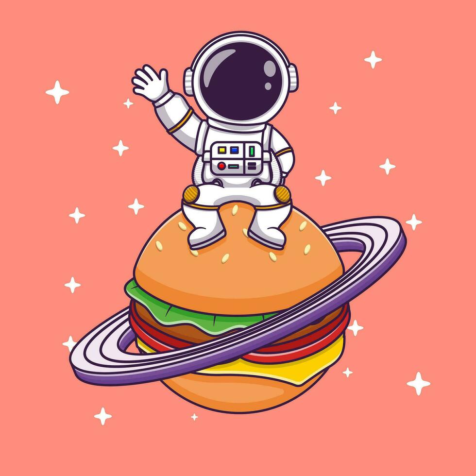 linda astronauta sentado en el hamburguesa planeta con ondulación mano dibujos animados vector icono ilustración plano