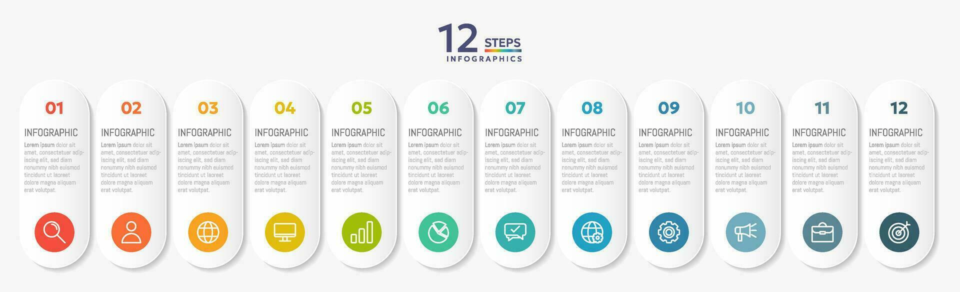 Infographic template with 12 capsule options for presentation and data visualization. Business process chart. Diagram with twelve steps to success vector