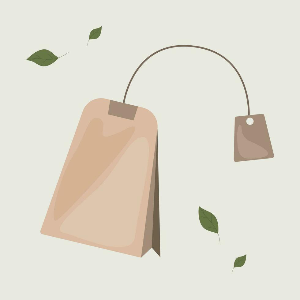 Tea bag on a green background with tea leaves. vector