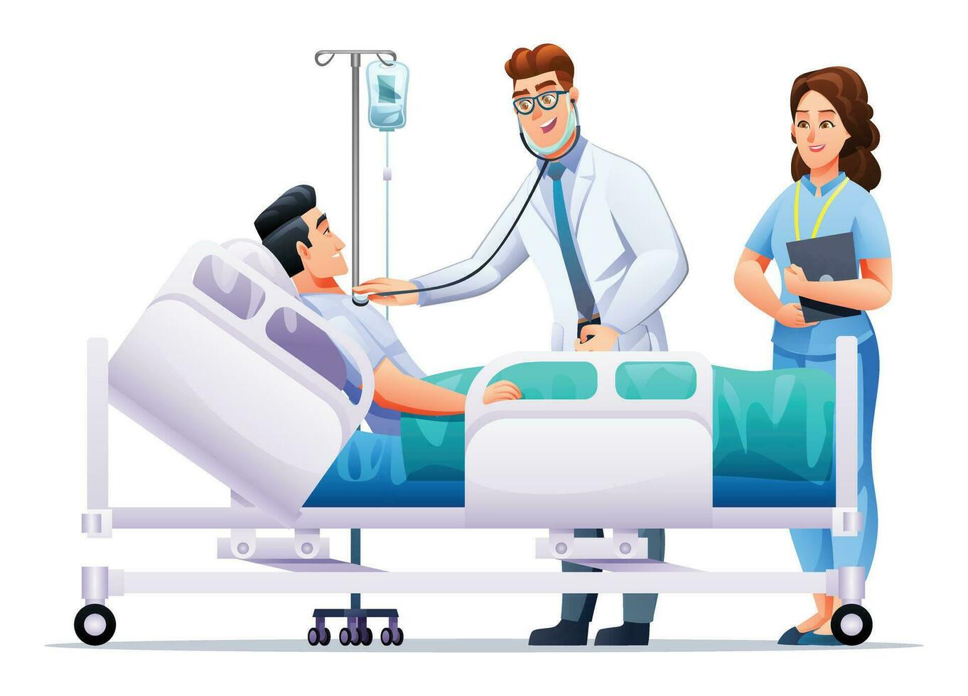 Doctor and nurse visits a sick man lying on hospital bed. Patient hospitalization concept. Vector cartoon illustration