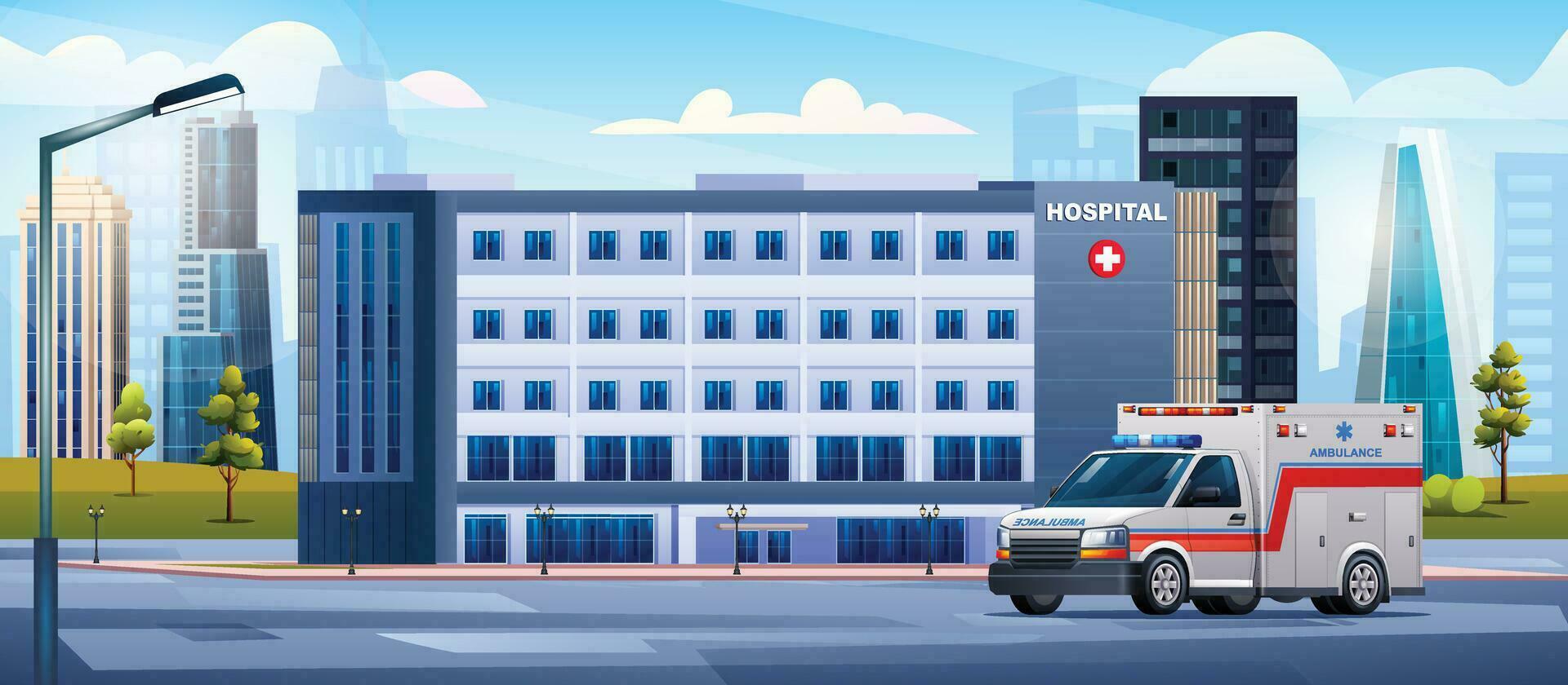 hospital edificio con ambulancia coche. médico clínica diseño antecedentes paisaje ilustración vector