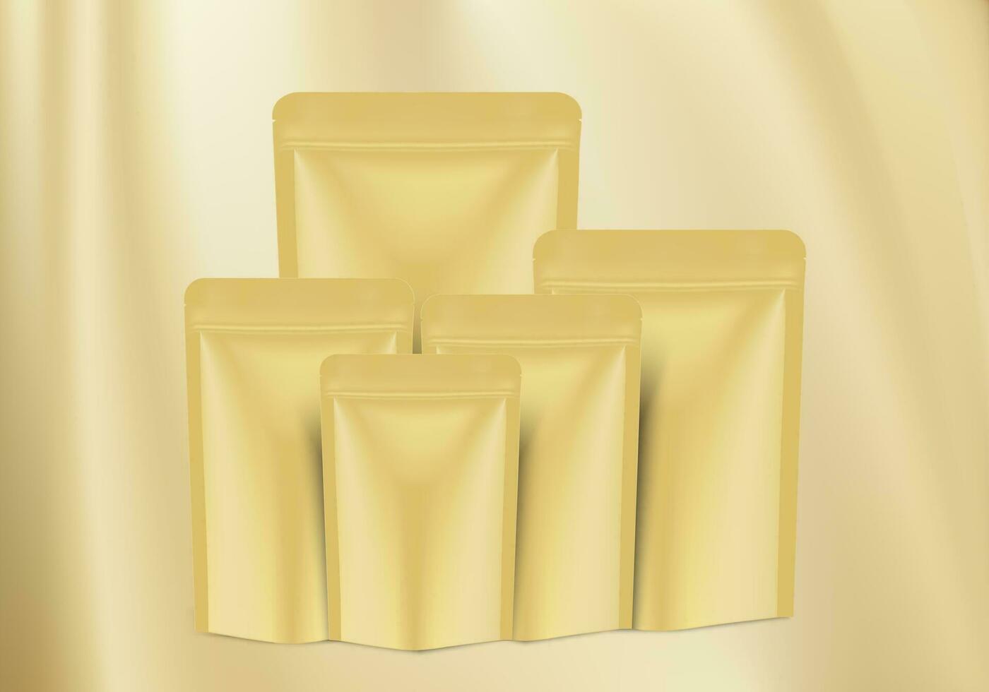 Yellow foil sachet mockup, plastic pouch blank with ziplock front view on yellow background. Shiny gold package for template your design, promo, ad. tea, sugar, candy, biscuit. Vector illustration.
