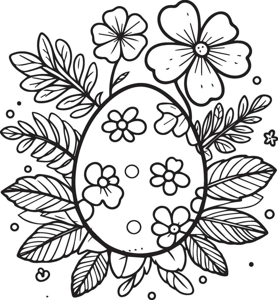 floral fantasía conejo, flores colorante divertido y imprimible preescolar Pascua de Resurrección huevo colorante páginas, sencillo Pascua de Resurrección huevo clipart negro y blanco flores y huevo colorante paginas para niños vector