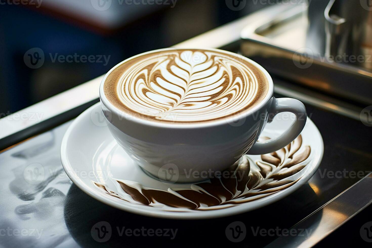 AI generated Close up cappuccino latte coffee cup with rich foam in warm light photo