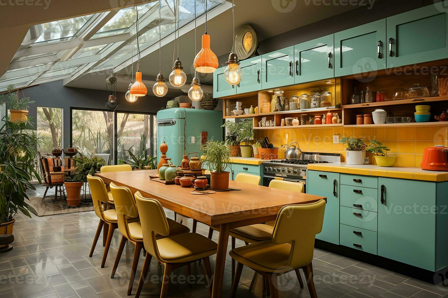 AI generated kitchen midcentury modern design, characterized by clean lines and iconic shapes, bright color from 60s and 70s photo