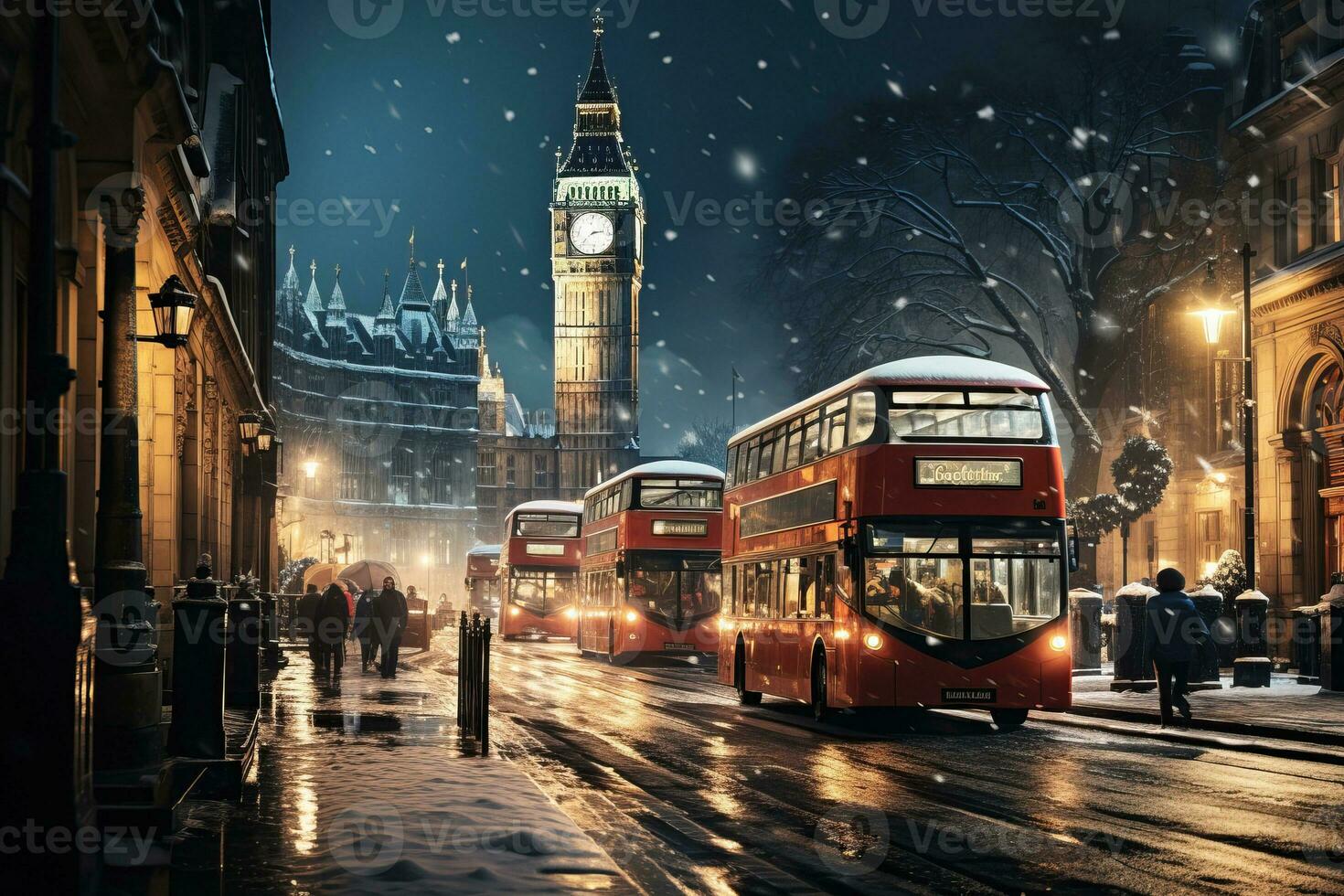 AI generated Winter cityscape featuring snow covered street of London with festive lights and decorations, red bus, a light snowfall, and holiday-themed street decor photo