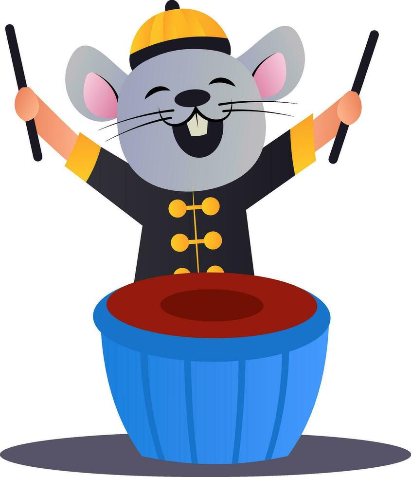 Cartoon chinese mouse playing drums vector illustration on white background