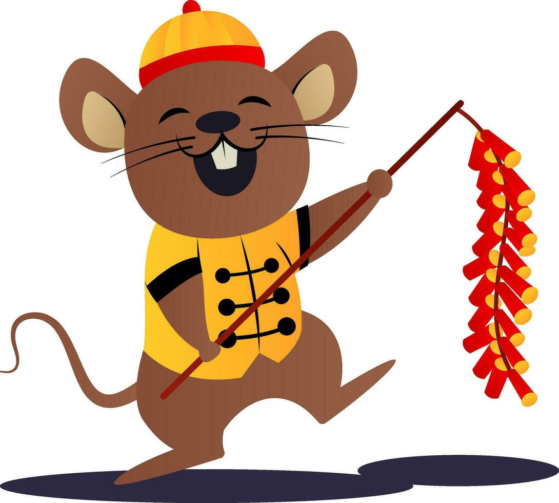 Cartoon mouse in yellow chinese suit vector illustartion on white background