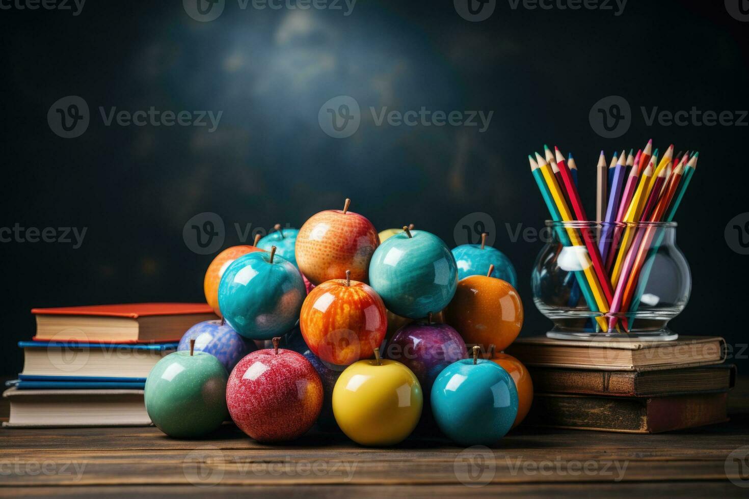 AI generated Realistic School Day Photo Featuring Classroom Books Pencils Apples for Teacher Day Generative AI