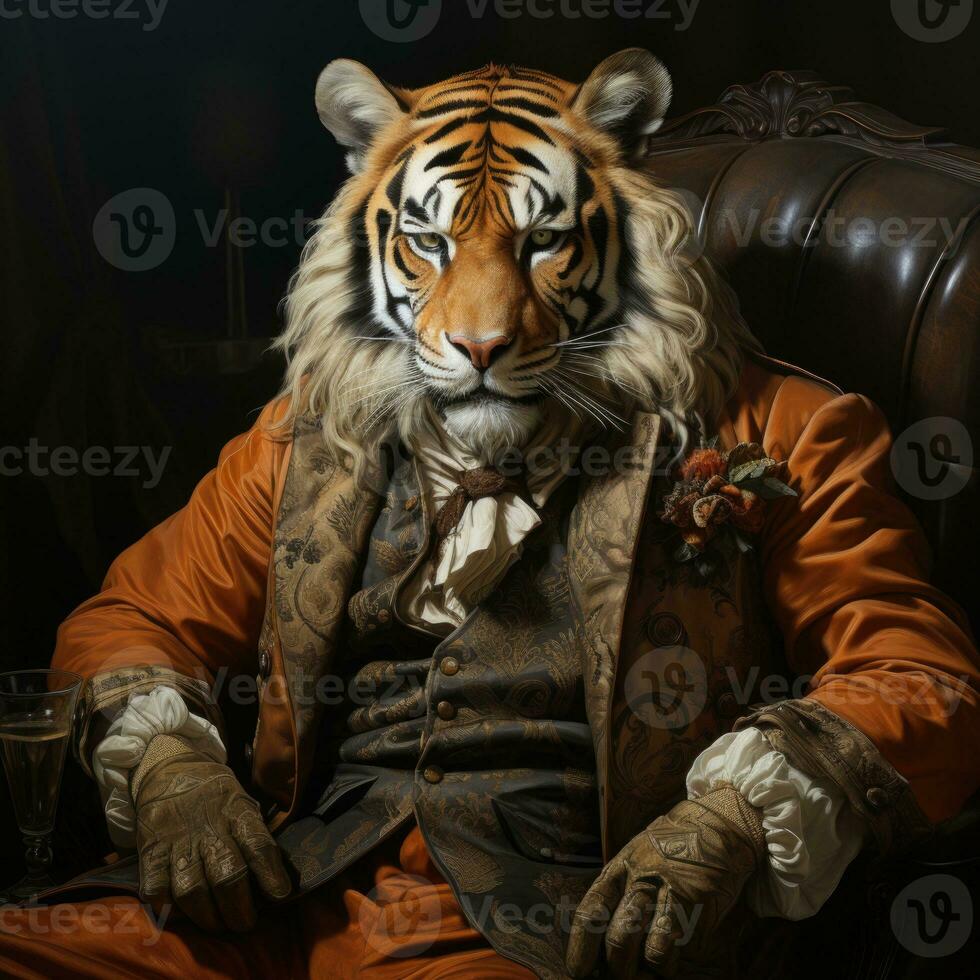 ai generado Tigre en hombre traje sentado en oficina silla mirando a cámara a noche generativo ai foto