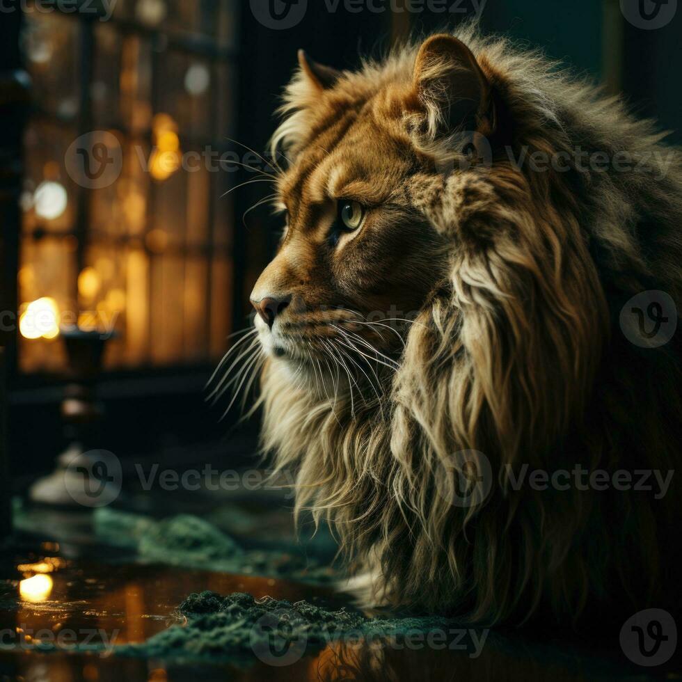 AI generated Realistic Night View Photo Lion Looking into Mirror in Room with Light Bulb Generative AI