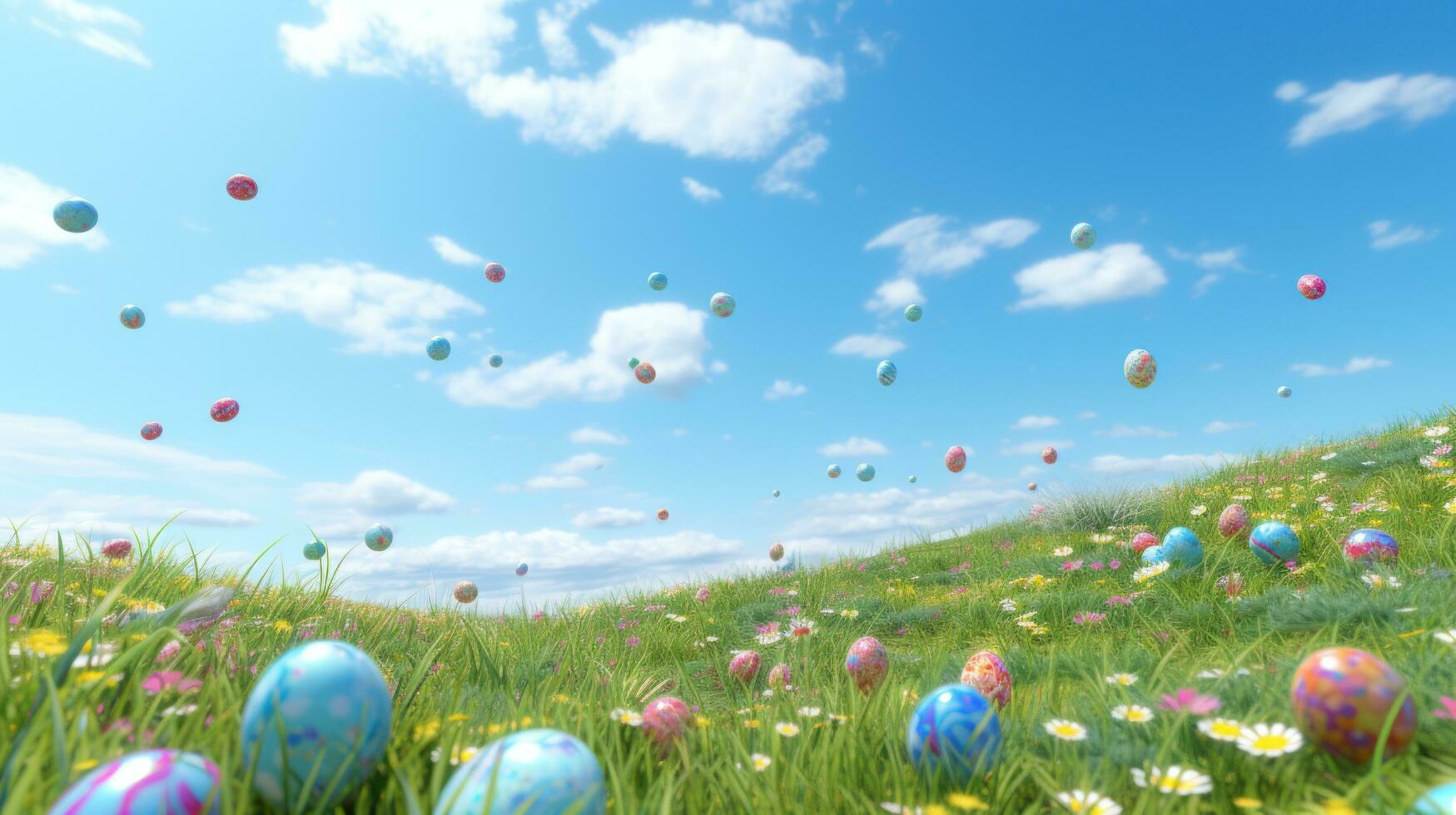 AI generated A grassy meadow with a clear blue sky and Easter eggs scattered throughout. photo