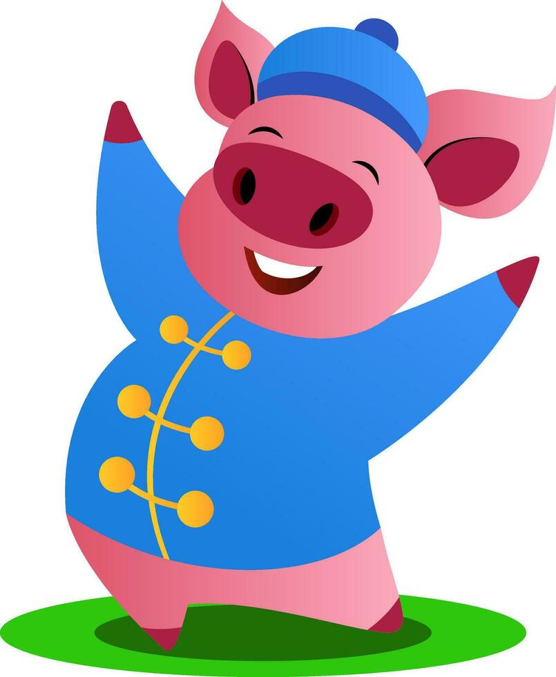 Cartoon pig in blue chinese suit vector illustration on white background