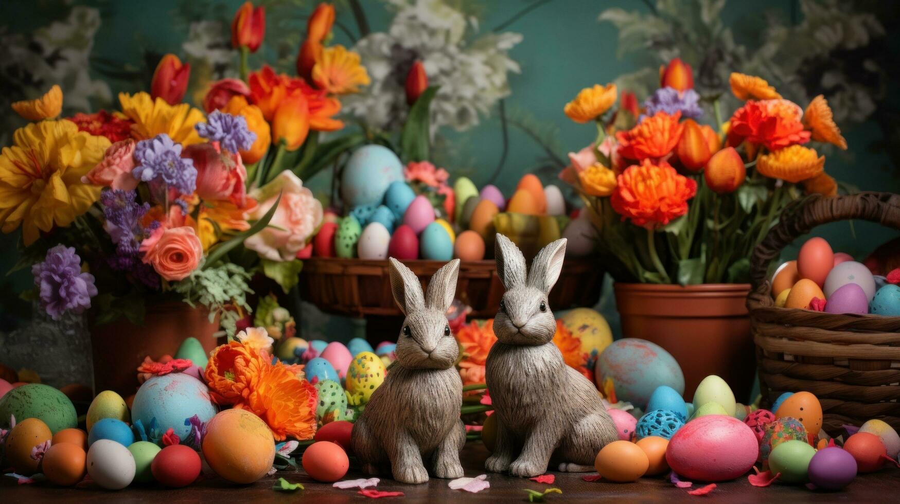 AI generated A cute bunny surrounded by colorful eggs and sitting in a grassy field photo