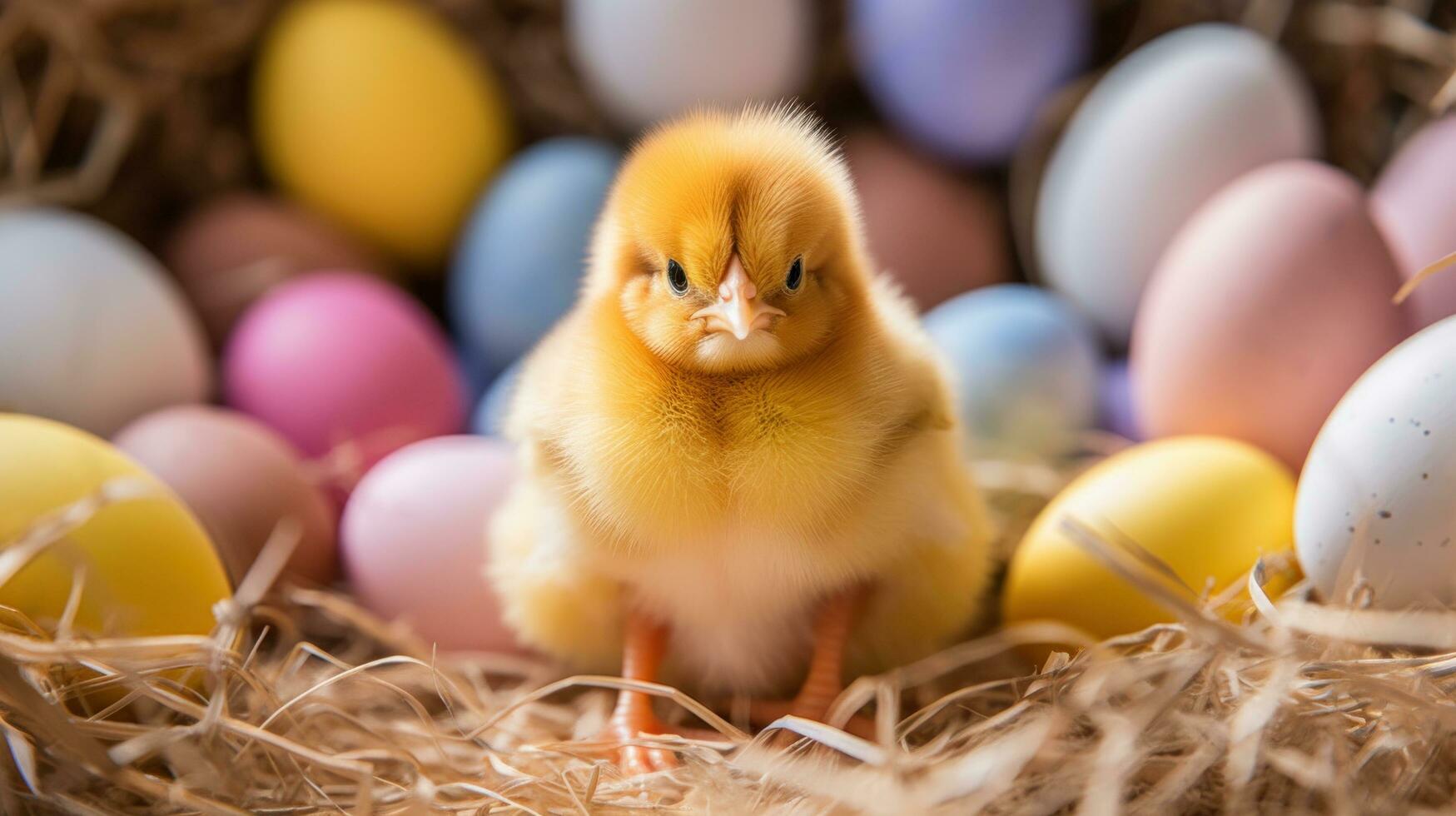 AI generated A fluffy yellow chick sitting among colorful eggs in a bed of straw. photo