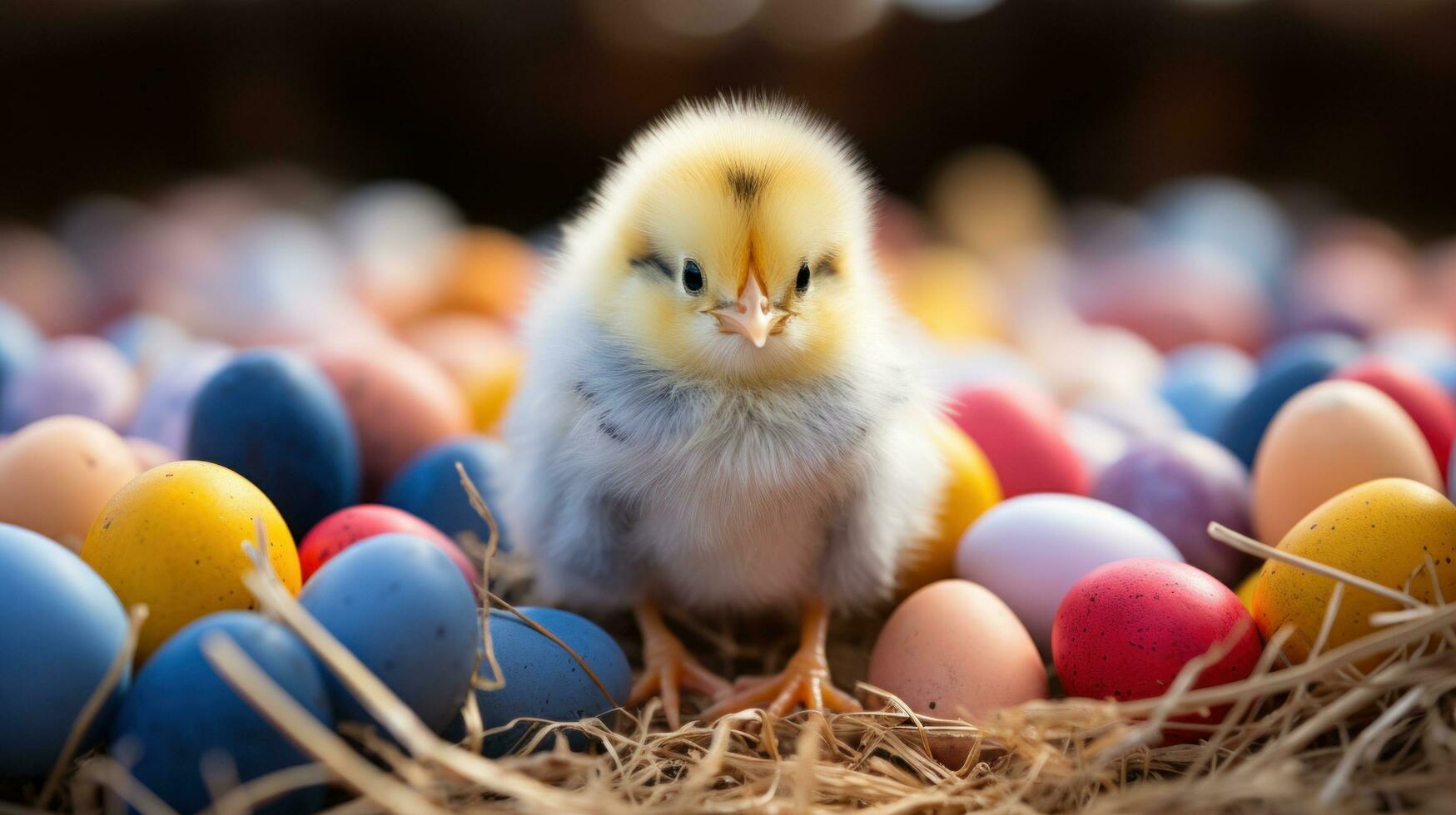 ai generado un mullido amarillo polluelo sentado entre vistoso huevos en un cama de paja. foto