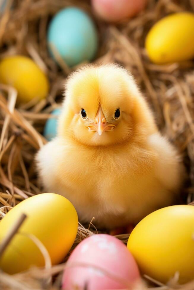 AI generated A fluffy yellow chick sitting among colorful eggs in a bed of straw. photo